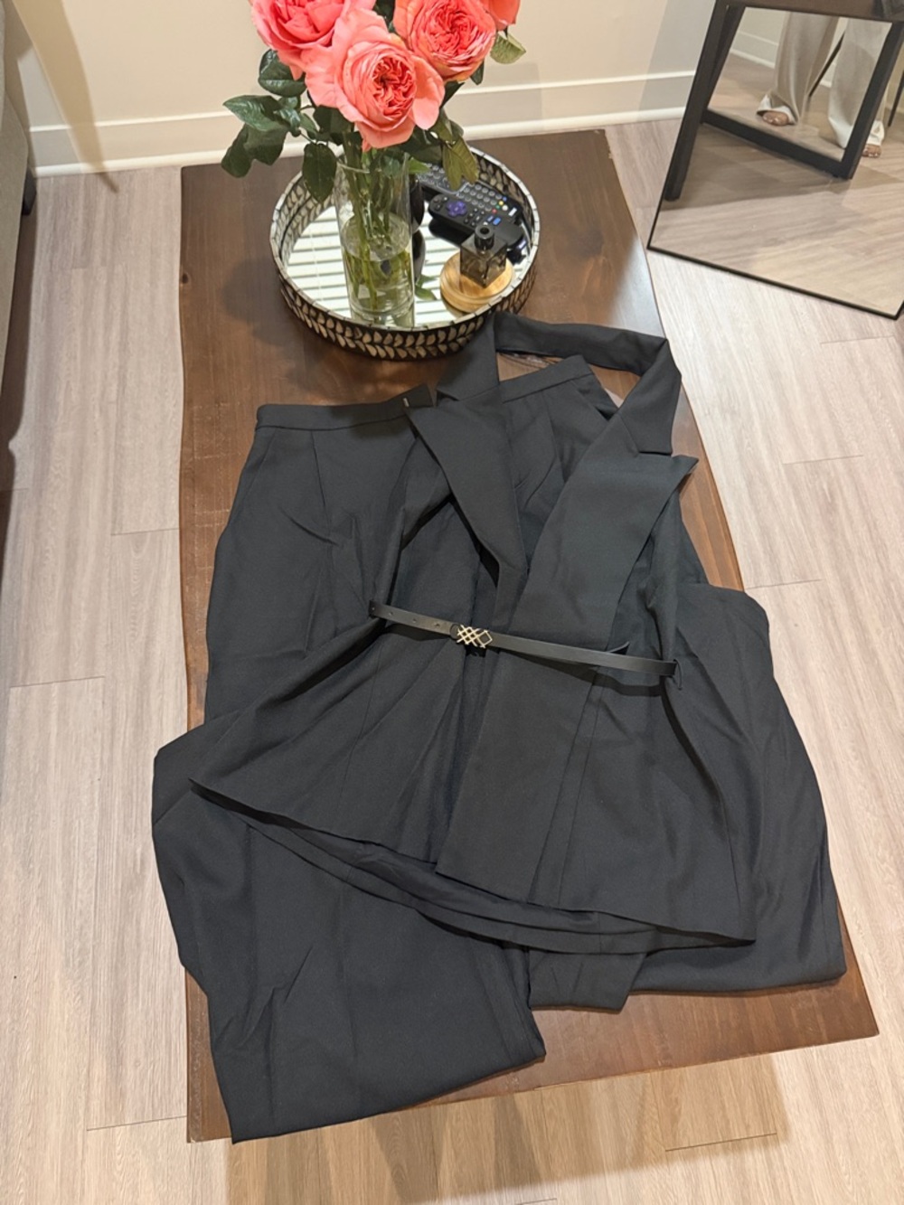 Fashion Nova Black Tailored Pantsuit with Waist Tie and Slim Belt
